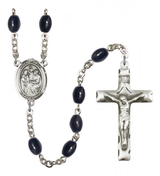 Men's Holy Family Silver Plated Rosary - Black Oval