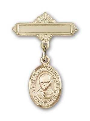 Pin Badge with St. Maximilian Kolbe Charm and Polished Engravable Badge Pin - Gold Tone