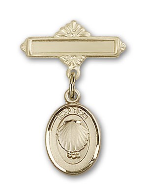 Baby Pin with Baptism Charm and Polished Engravable Badge Pin - 14K Solid Gold