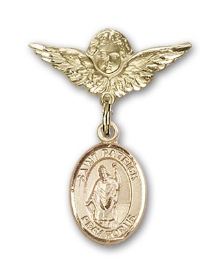 Pin Badge with St. Patrick Charm and Angel with Smaller Wings Badge Pin - Gold Tone
