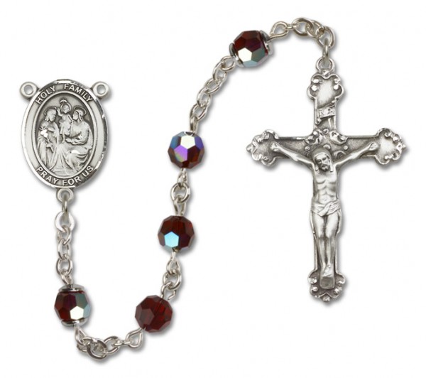 Holy Family Sterling Silver Heirloom Rosary Fancy Crucifix - Garnet