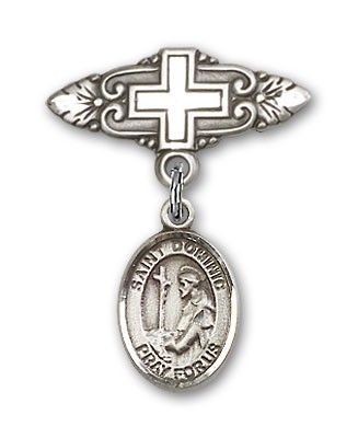 Pin Badge with St. Dominic de Guzman Charm and Badge Pin with Cross - Silver tone