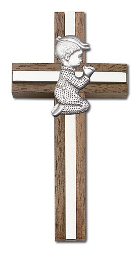 Praying Boy Cross in Walnut 4&quot; with Metal Inlay - Silver tone