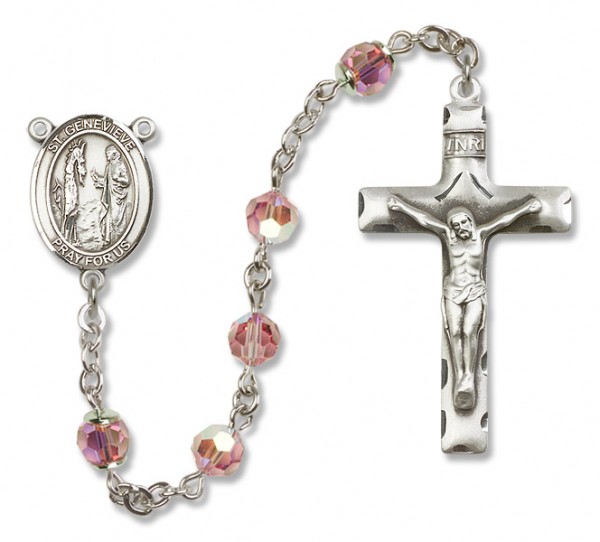 St. Genevieve Sterling Silver Heirloom Rosary Squared Crucifix - Light Rose