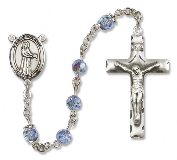 St. Petronille Sterling Silver Heirloom Rosary Squared Crucifix - Light Sapphire