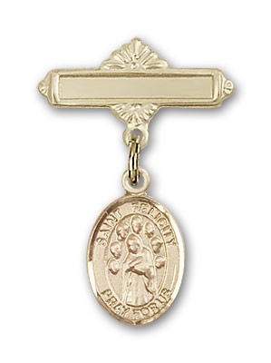 Pin Badge with St. Felicity Charm and Polished Engravable Badge Pin - 14K Solid Gold