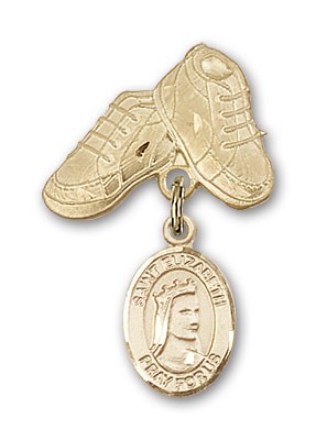 Pin Badge with St. Elizabeth of Hungary Charm and Baby Boots Pin - 14K Solid Gold