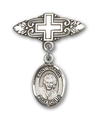 Pin Badge with St. Gianna Beretta Molla Charm and Badge Pin with Cross - Silver tone