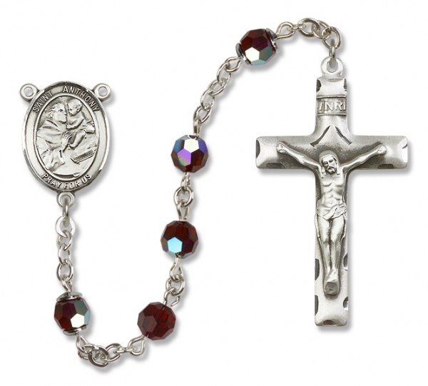 St. Anthony of Padua Sterling Silver Heirloom Rosary Squared Crucifix - Garnet