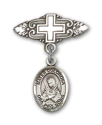 Pin Badge with Mater Dolorosa Charm and Badge Pin with Cross - Silver tone