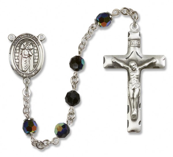 St. Matthias the Apostle Sterling Silver Heirloom Rosary Squared Crucifix - Black