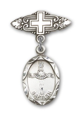 Baby Pin with Baptism Charm and Badge Pin with Cross - Silver tone