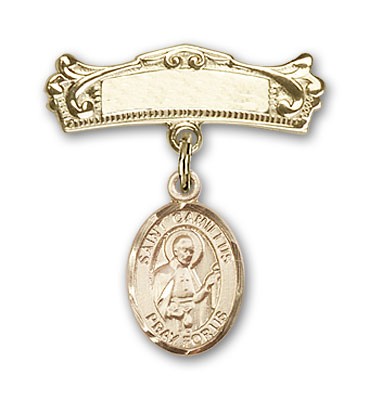 Pin Badge with St. Camillus of Lellis Charm and Arched Polished Engravable Badge Pin - Gold Tone