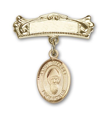 Pin Badge with St. Sharbel Charm and Arched Polished Engravable Badge Pin - 14K Solid Gold