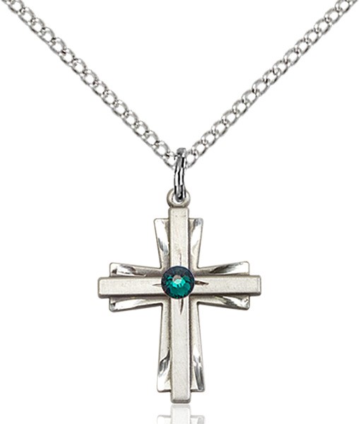 Youth Etched Cross Pendant with Birthstone Options - Emerald Green