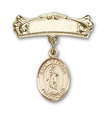 Pin Badge with St. Barbara Charm and Arched Polished Engravable Badge Pin - Gold Tone