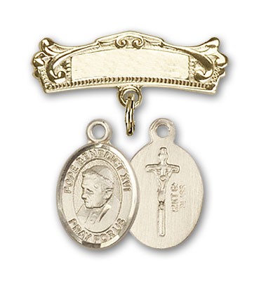 Pin Badge with Pope Benedict XVI Charm and Arched Polished Engravable Badge Pin - Gold Tone