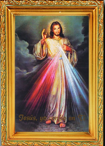 Divine Mercy Antique Gold Framed Print - Spanish Version - Full Color