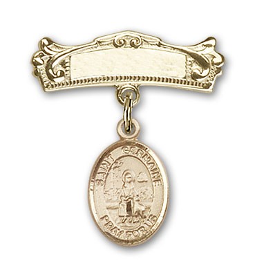 Pin Badge with St. Germaine Cousin Charm and Arched Polished Engravable Badge Pin - 14K Solid Gold