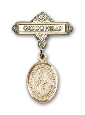 Pin Badge with St. Margaret of Cortona Charm and Godchild Badge Pin - 14K Solid Gold