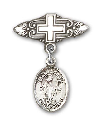 Pin Badge with St. Richard Charm and Badge Pin with Cross - Silver tone