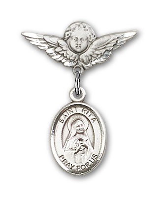 Pin Badge with St. Rita of Cascia Charm and Angel with Smaller Wings Badge Pin - Silver tone