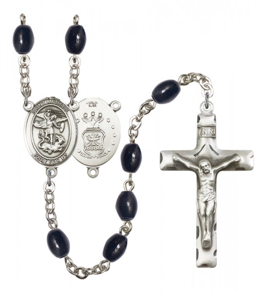 Men's St. Michael Air Force Silver Plated Rosary - Black Oval