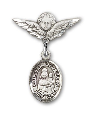 Pin Badge with Our Lady of Prompt Succor Charm and Angel with Smaller Wings Badge Pin - Silver tone