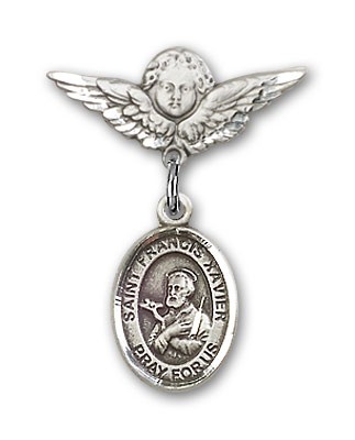 Pin Badge with St. Francis Xavier Charm and Angel with Smaller Wings Badge Pin - Silver tone