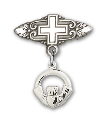 Pin Badge with Claddagh Charm and Badge Pin with Cross - Silver tone