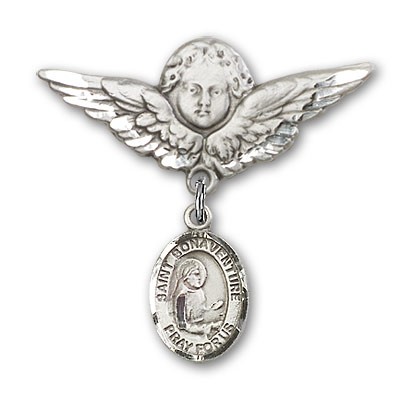 Pin Badge with St. Bonaventure Charm and Angel with Larger Wings Badge Pin - Silver tone