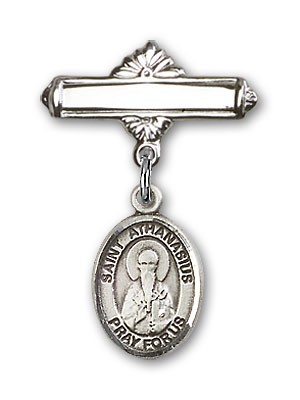 Pin Badge with St. Athanasius Charm and Polished Engravable Badge Pin - Silver tone