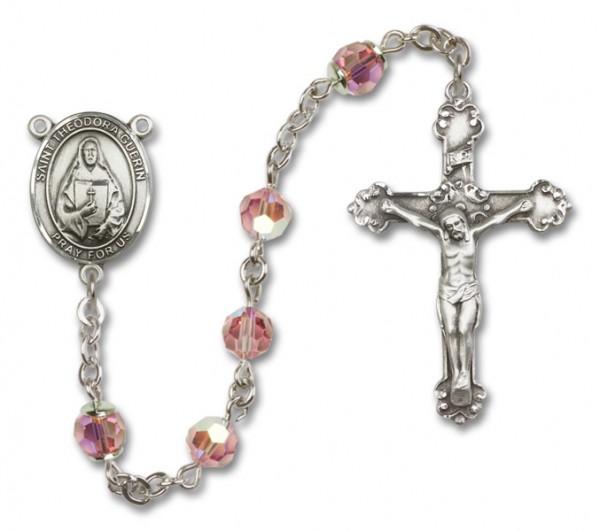 St. Theodora Guerin Sterling Silver Heirloom Rosary Fancy Crucifix - Light Rose