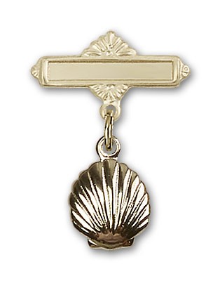 Baby Pin with Shell Charm and Polished Engravable Badge Pin - 14K Solid Gold