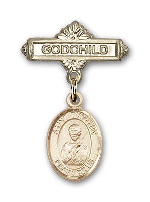 Pin Badge with St. Timothy Charm and Godchild Badge Pin - 14K Solid Gold