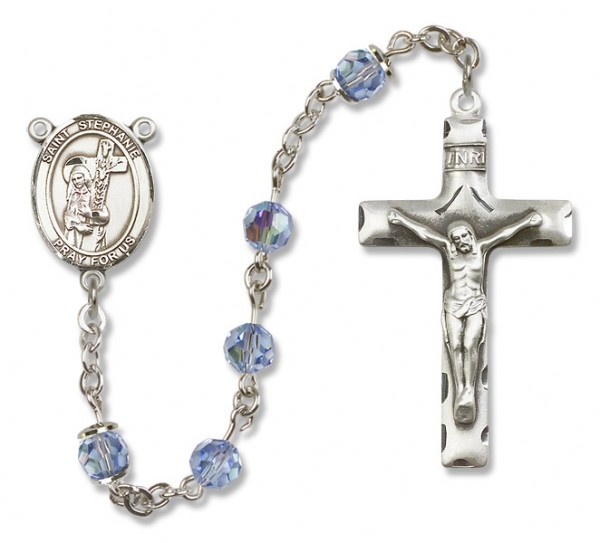 St. Stephanie Sterling Silver Heirloom Rosary Squared Crucifix - Light Sapphire