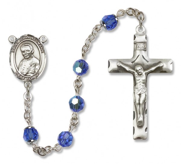 St.  John Neumann Sterling Silver Heirloom Rosary Squared Crucifix - Sapphire