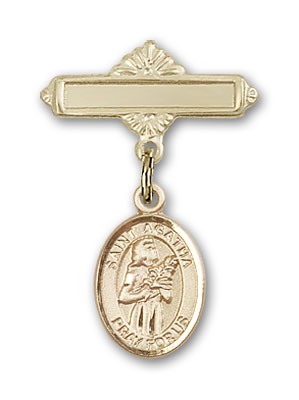 Pin Badge with St. Agatha Charm and Polished Engravable Badge Pin - Gold Tone