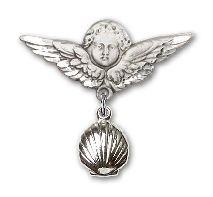 Baby Pin with Shell Charm and Angel with Larger Wings Badge Pin - Silver tone