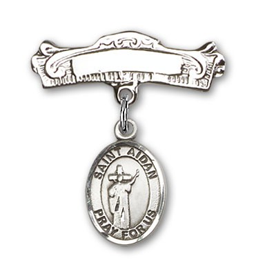Pin Badge with St. Aidan of Lindesfarne Charm and Arched Polished Engravable Badge Pin - Silver tone