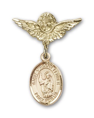 Pin Badge with St. Vincent Ferrer Charm and Angel with Smaller Wings Badge Pin - Gold Tone