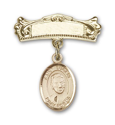 Pin Badge with St. Eugene de Mazenod Charm and Arched Polished Engravable Badge Pin - Gold Tone