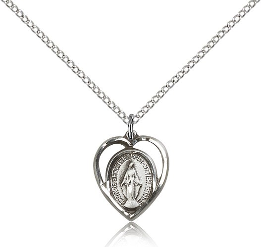 Heart Shape Open-Cut Miraculous Medal Necklace - Sterling Silver