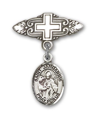 Pin Badge with St. Januarius Charm and Badge Pin with Cross - Silver tone