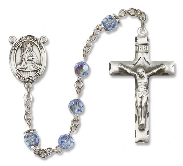 St. Walburga Sterling Silver Heirloom Rosary Squared Crucifix - Light Sapphire