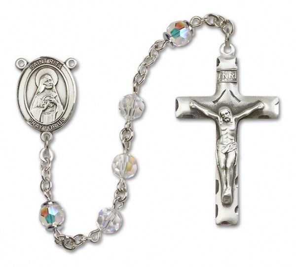 St. Rita of Cascia Sterling Silver Heirloom Rosary Squared Crucifix - Crystal