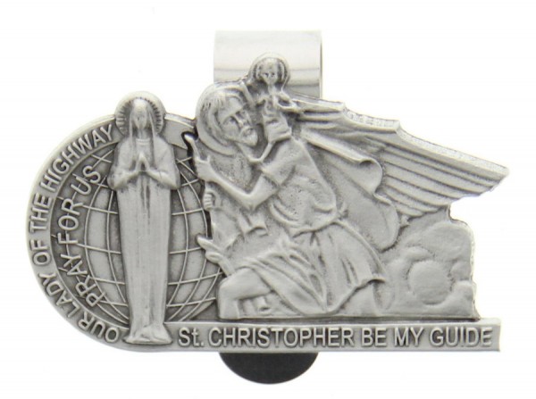 Our Lady of the Highway and St. Christopher Visor Clip, Pewter - 2 1/2&quot;W - Silver