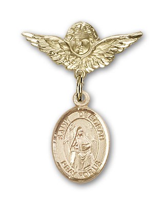 Pin Badge with St. Deborah Charm and Angel with Smaller Wings Badge Pin - Gold Tone