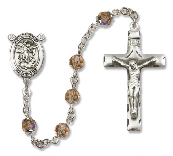 St. Michael the Archangel Sterling Silver Heirloom Rosary Squared Crucifix - Topaz