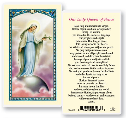Our Lady Queen of Peace Laminated Prayer Card - 25 Cards Per Pack .80 per card